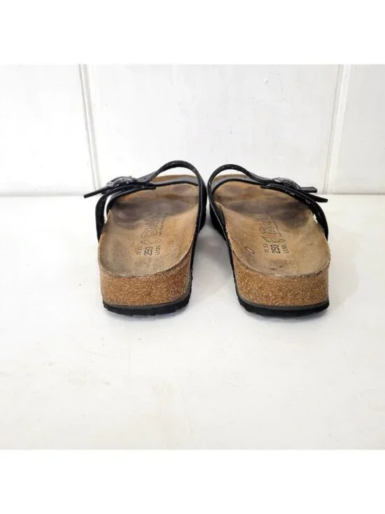 Birkis Birkenstock Women's Black Double-Strap Sandals With Contoured Cork Footbe - Picture 6 of 8